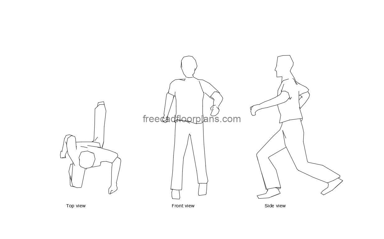 autocad drawing of a person running, 2d views, plan and elevation dwg file free for download