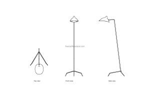 autocad drawing of a serge mouille floor lamp, plan and elevation 2d views, dwg file free for download