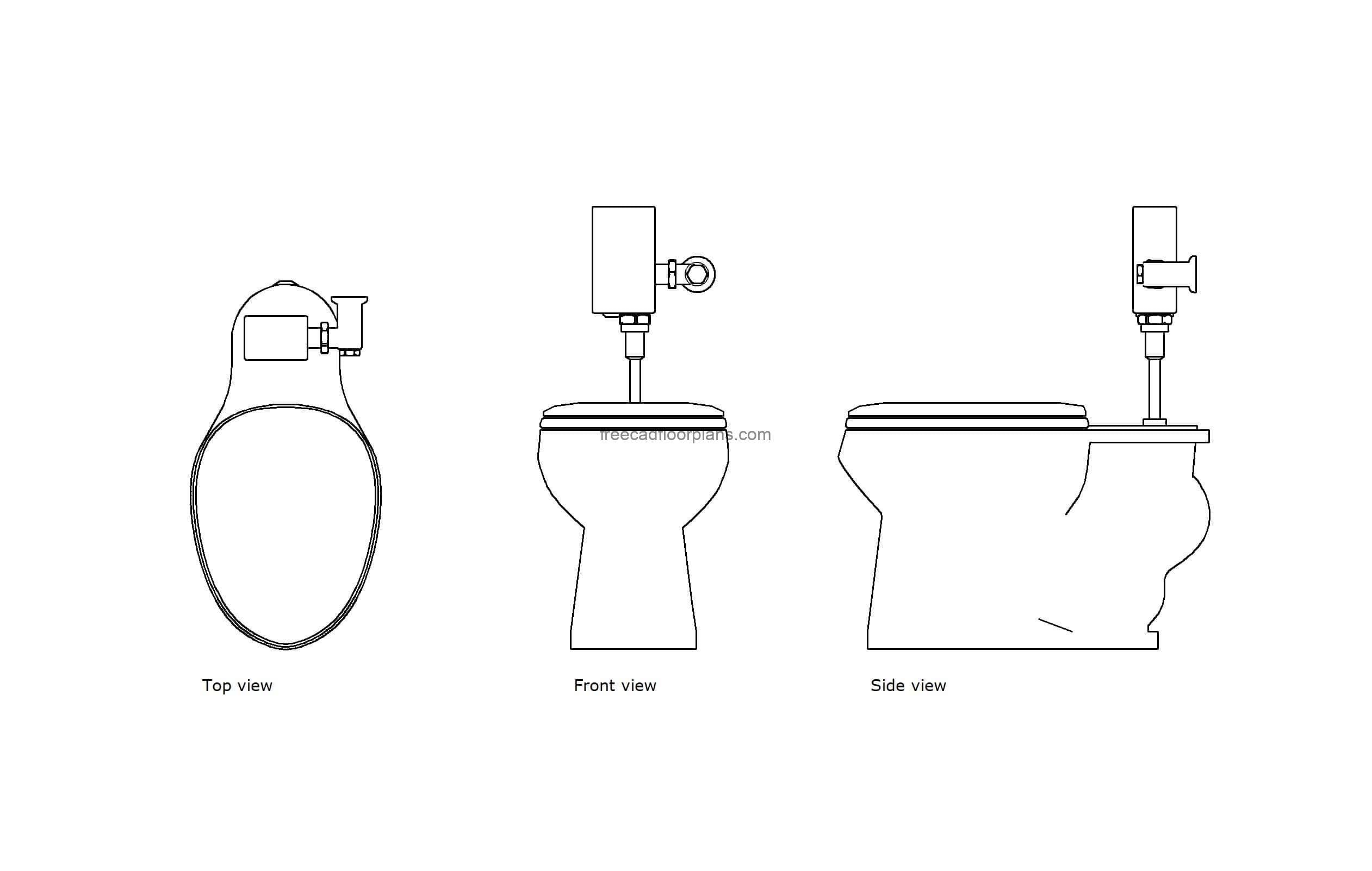 autocad drawing of a toilet with autoflush for commercial use, plan and elevation 2d views, dwg file free for download