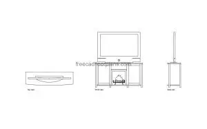 autocad drawing of a tv stand with fireplace, plan and elevation 2d views, dwg file free for download