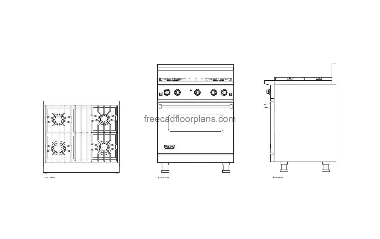 autocad drawing of a viking stove, plan and elevation 2d views, dwg file free for download