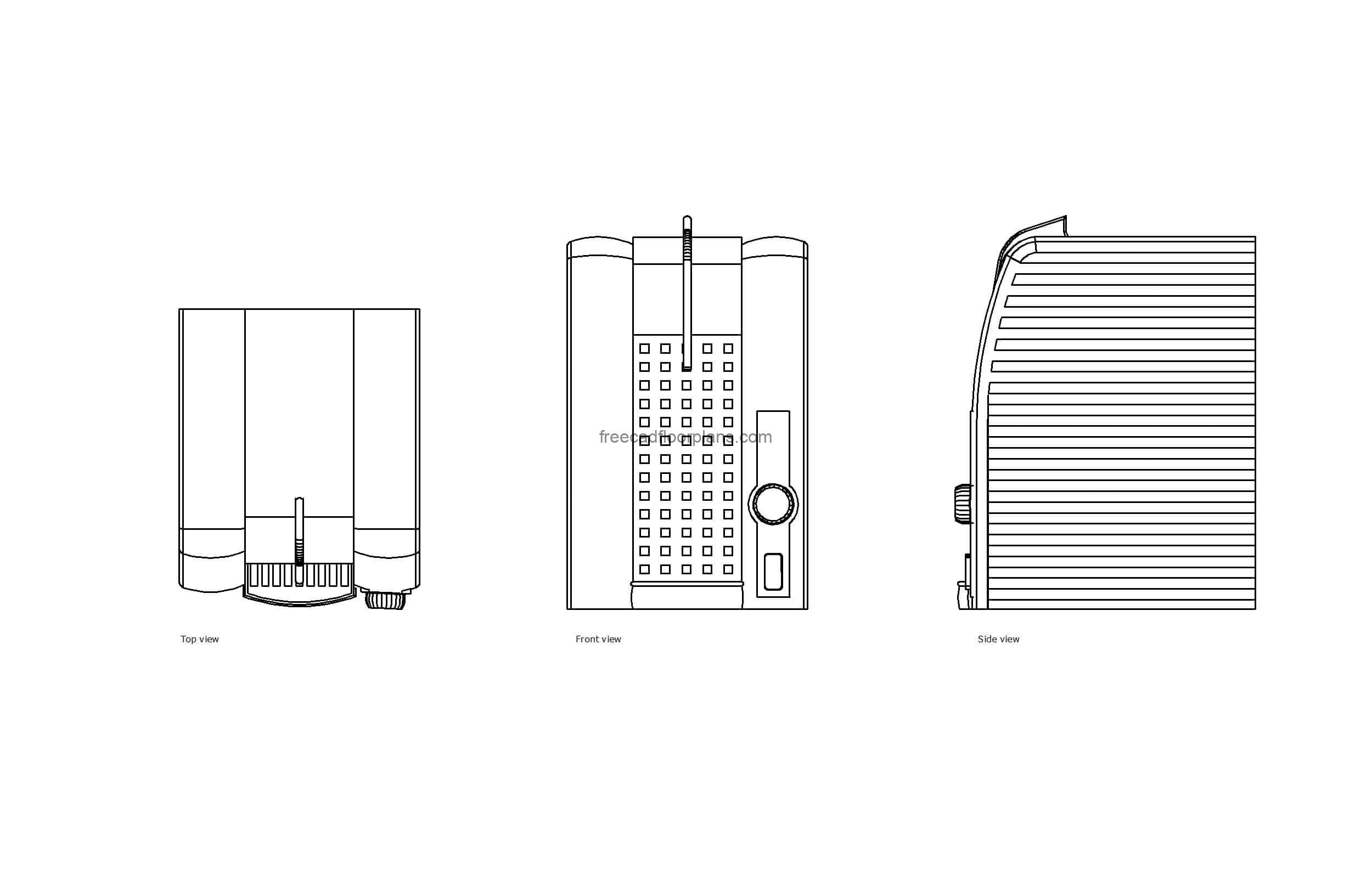 autocad drawing of a water purifier, plan and elevation 2d views, dwg file free for download