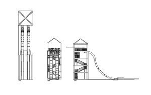 autocad drawing of a water slide, plan and elevation 2d views, dwg file free for download
