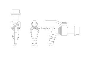 autocad drawing of a water tap, plan and elevation 2d views, dwg file free for download
