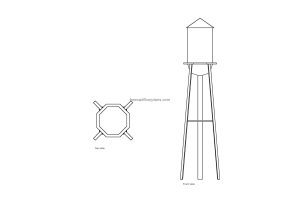 autocad drawing of a water tower, plan and elevation 2d views, dwg file free for download
