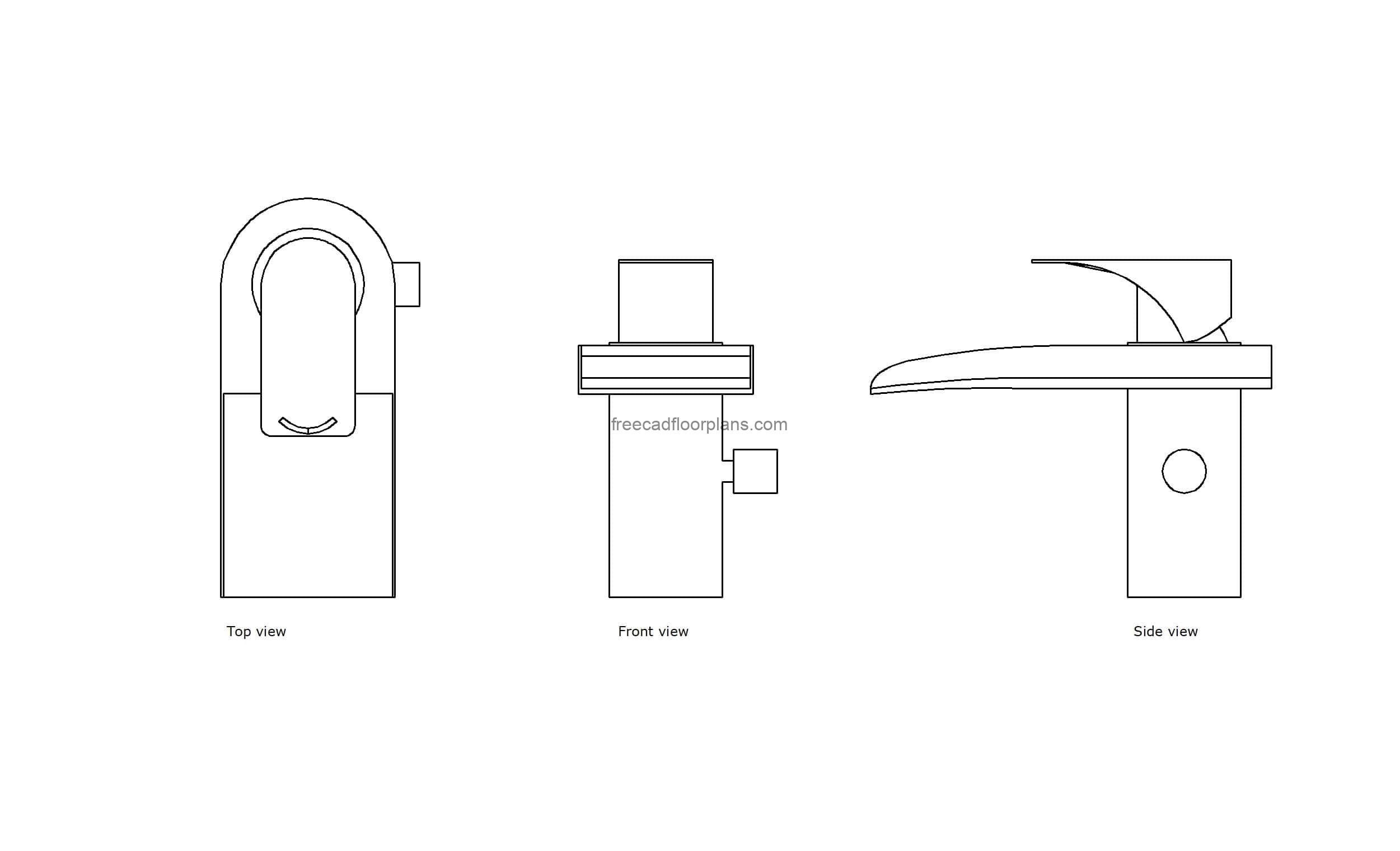 autocad drawing of a waterfall faucet, plan and elevation 2d views, dwg file free for download