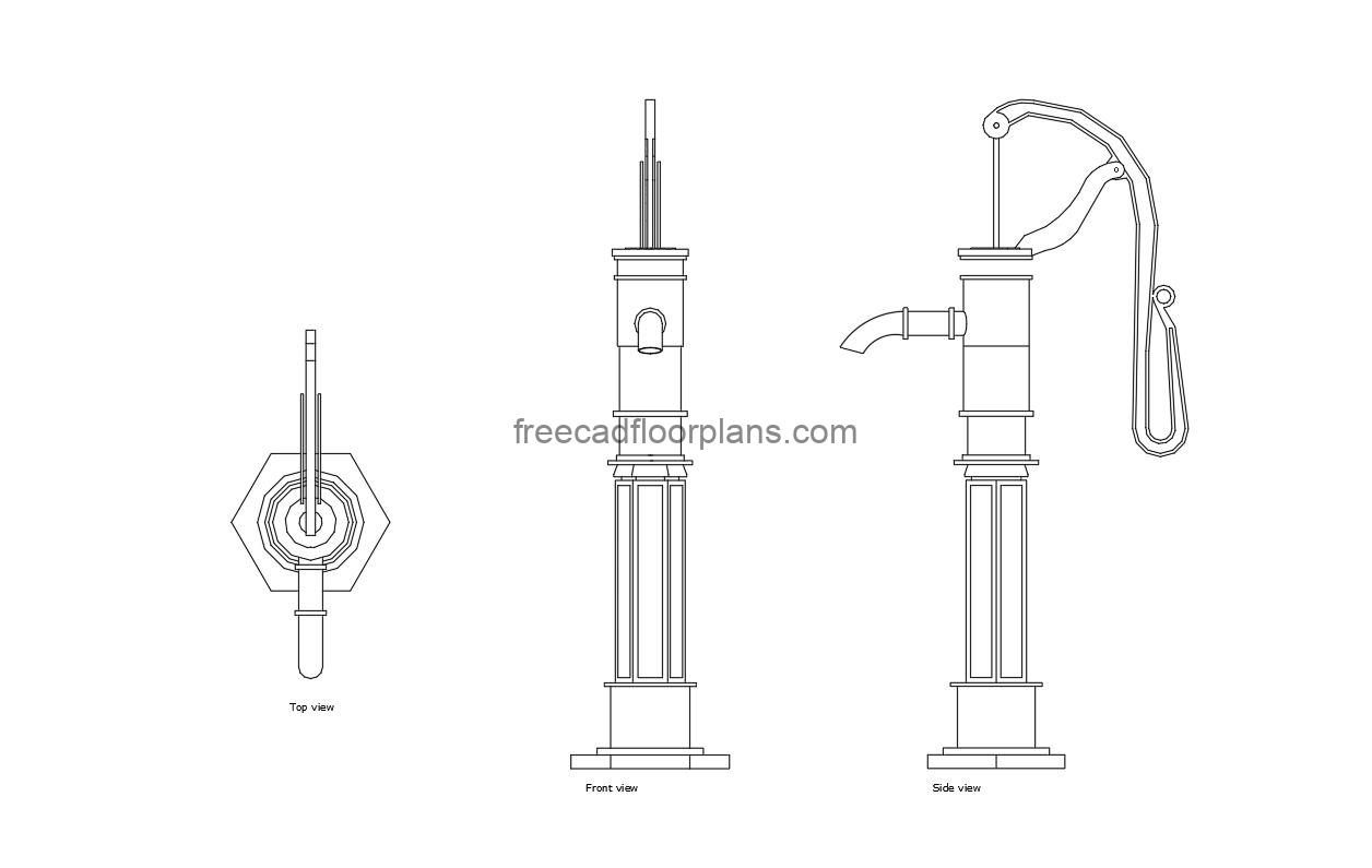 autocad drawing of a well pump, plan and elevation 2d views, dwg file free for download