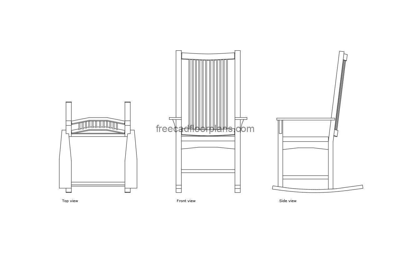 autocad drawing of a wooden rocking chair, plan and elevation 2d views, dwg file free for download