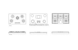 39-inch gas cooktops autocad drawing, plan and elevation 2d views, dwg file free for download