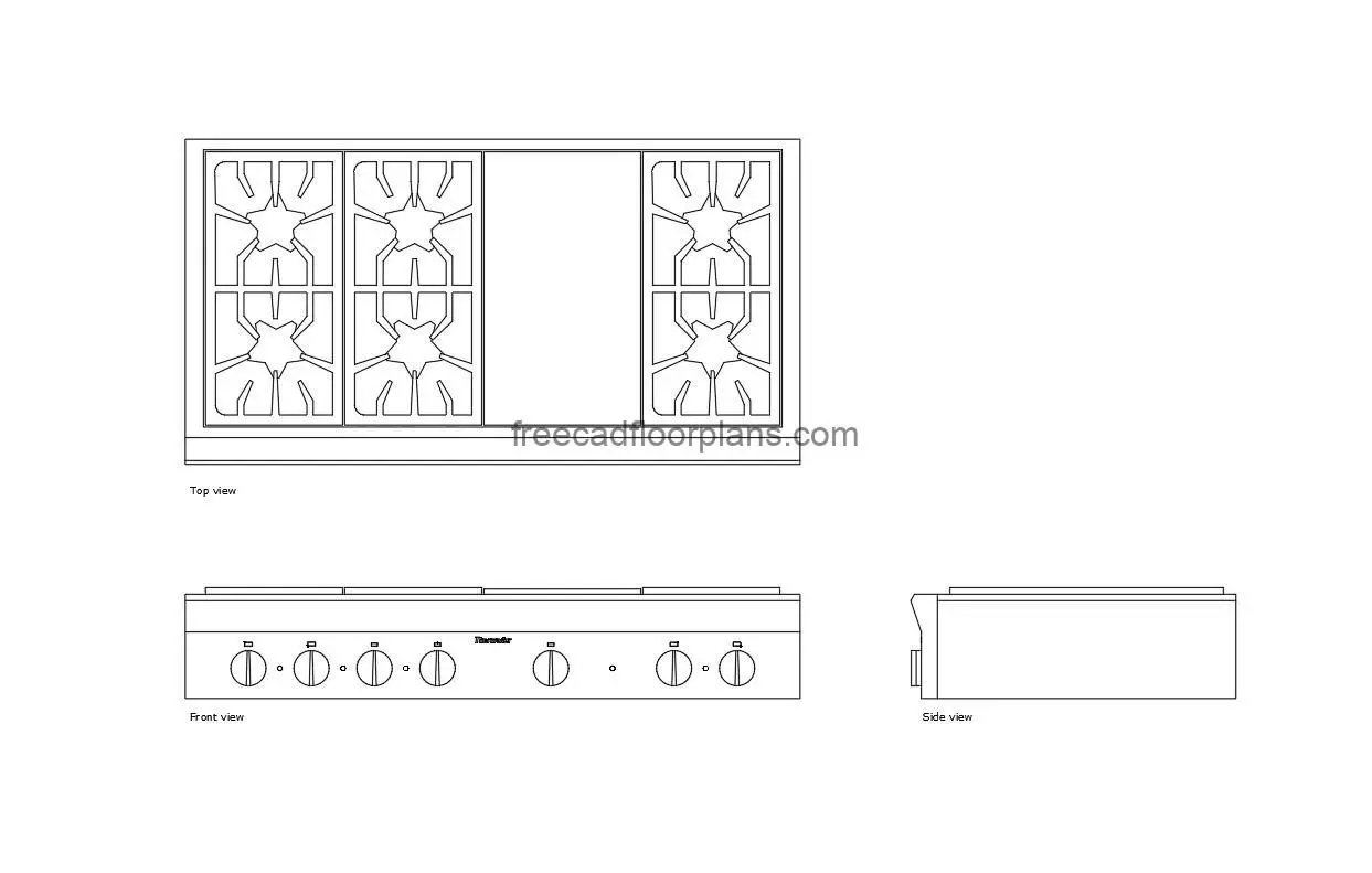 48-inch gas cooktop autocad drawing, plan and elevation 2d views, dwg file free for download