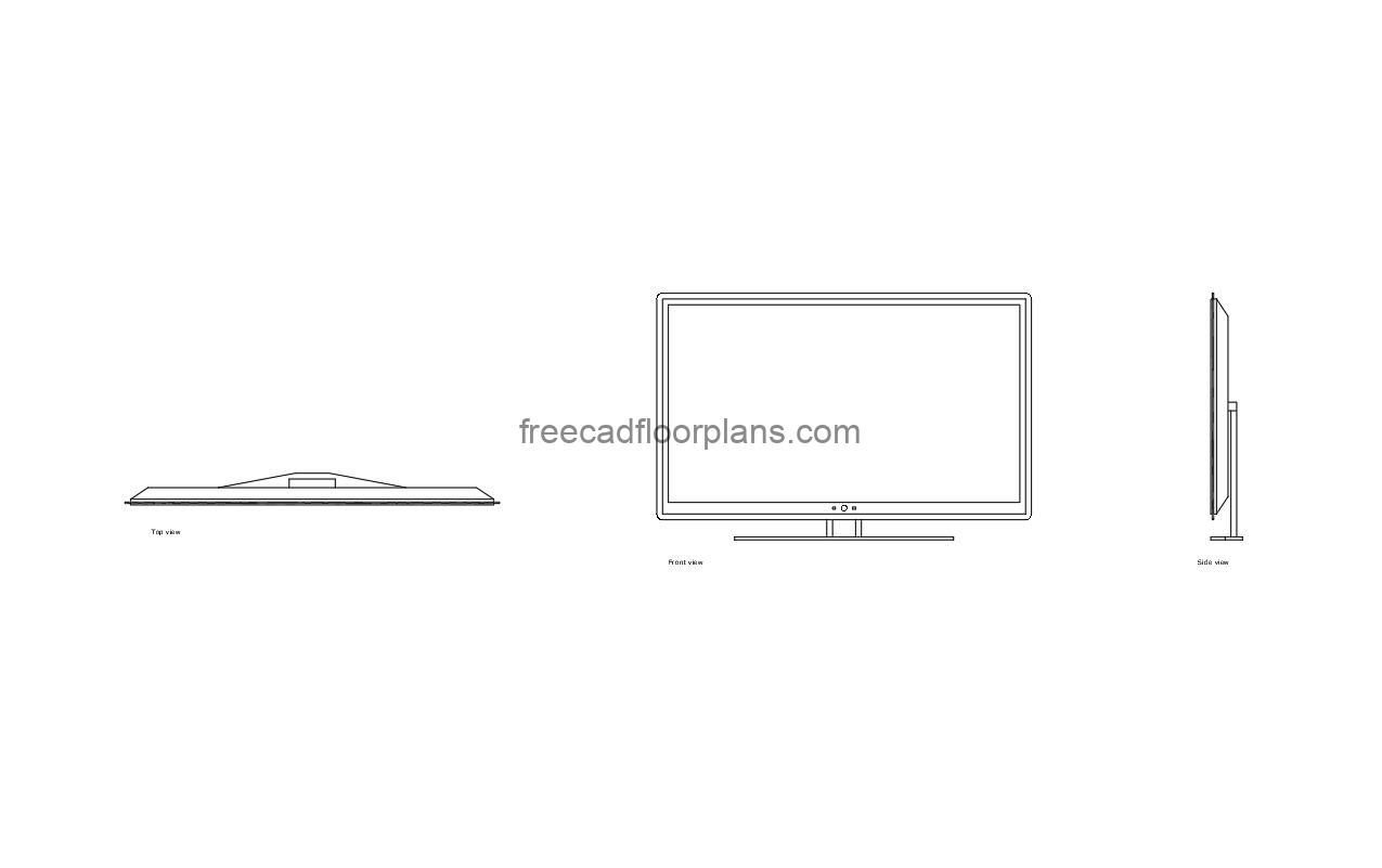 autocad drawing of a 70-inch flatscreen TV, plan and elevation 2d views, dwg file free for download