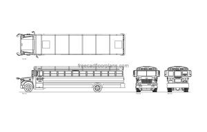blue bird international school bus autocad drawing, plan and elevation 2d views, dwg file free for download