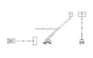 autocad drawing of a boom lift, plan and elevation 2d views, dwg file free for download