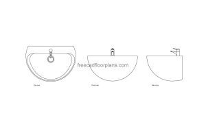 autocad drawing of a bowl wall mounted washbasin, plan and elevation 2d views, dwg file free for download