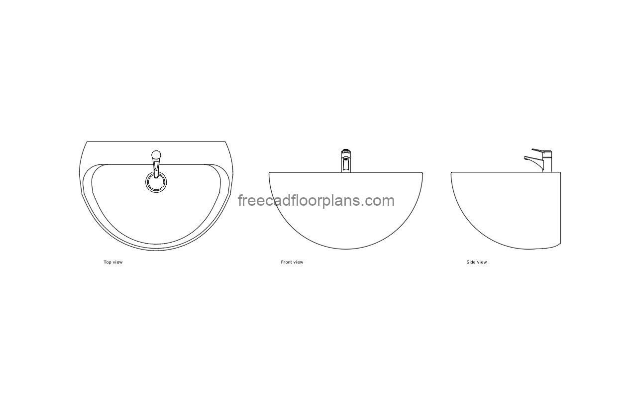 autocad drawing of a bowl wall mounted washbasin, plan and elevation 2d views, dwg file free for download