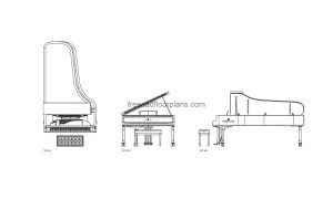 concert grand piano autocad drawing, plan and elevation 2d views, dwg file free for download