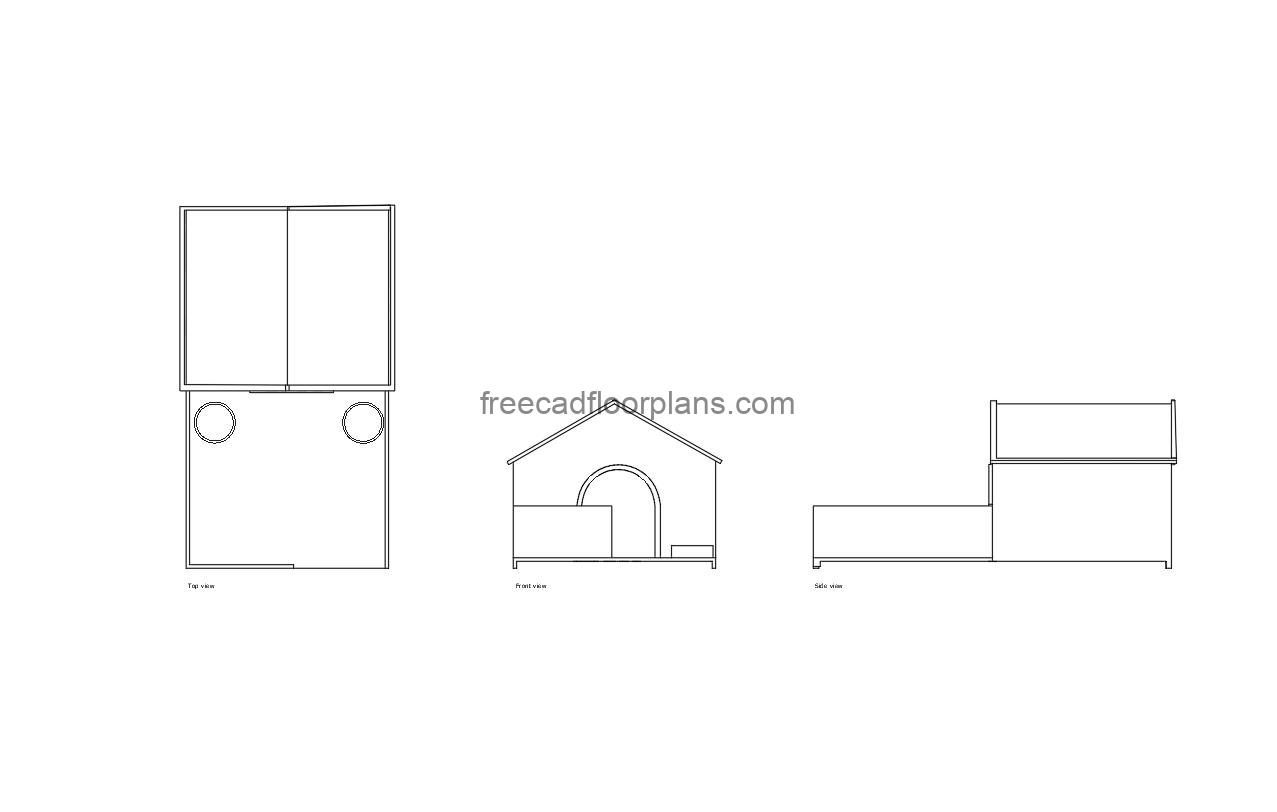 dog house with porch autocad drawing, plan and elevation 2d views, dwg file free for download