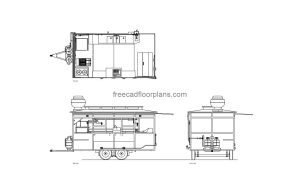 food truck trailer autocad drawing, plan and elevation 2d views, dwg file free for download