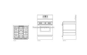 frigidaire freestangind gas stove autocad drawing, plan and elevation 2d views, dwg file free for download