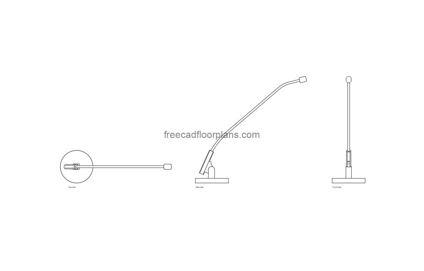 gooseneck microphone autocad drawing, plan and elevation 2d views, dwg file free for download