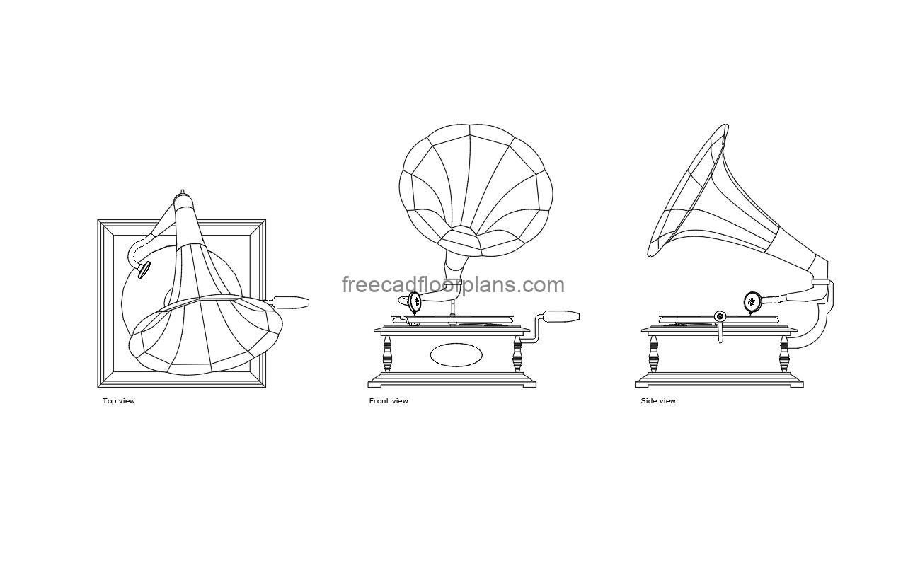 autocad drawing of a gramophone, plan and elevation 2d views, dwg file free for download