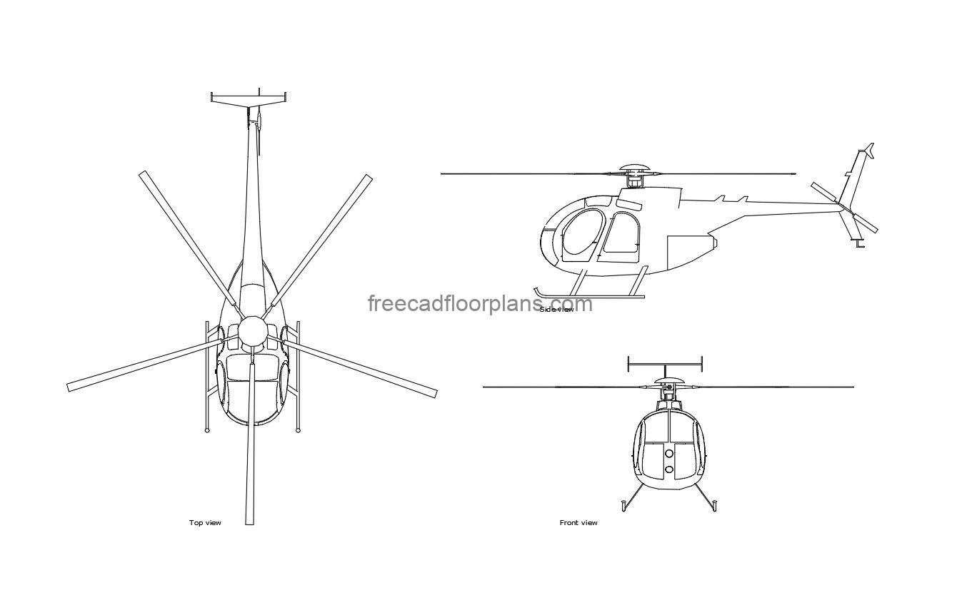 autocad drawing of a helicopter, plan and elevation 2d views, dwg file free for download