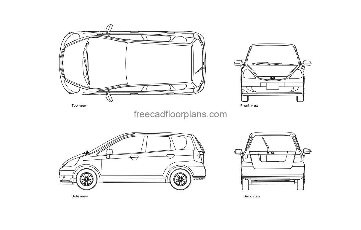 autocad drawing of a honda fit, plan and elevation 2d views, dwg file free for download