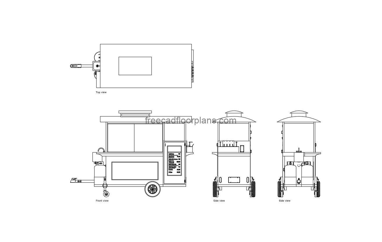 autocad drawing of a hotdog stand, plan and elevation 2d views, dwg file free for download