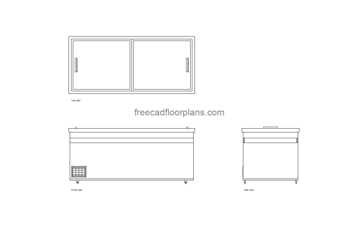 autocad drawing of a ice cream freezer, plan and elevation 2d views, dwg file free for download