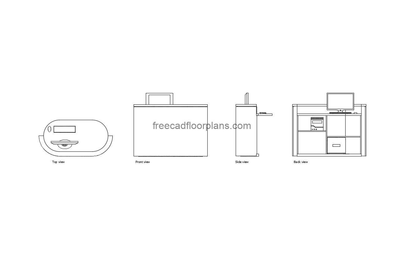 autocad drawing of an information desk, plan, side, front and back elevation, 2d views, dwg file free for download