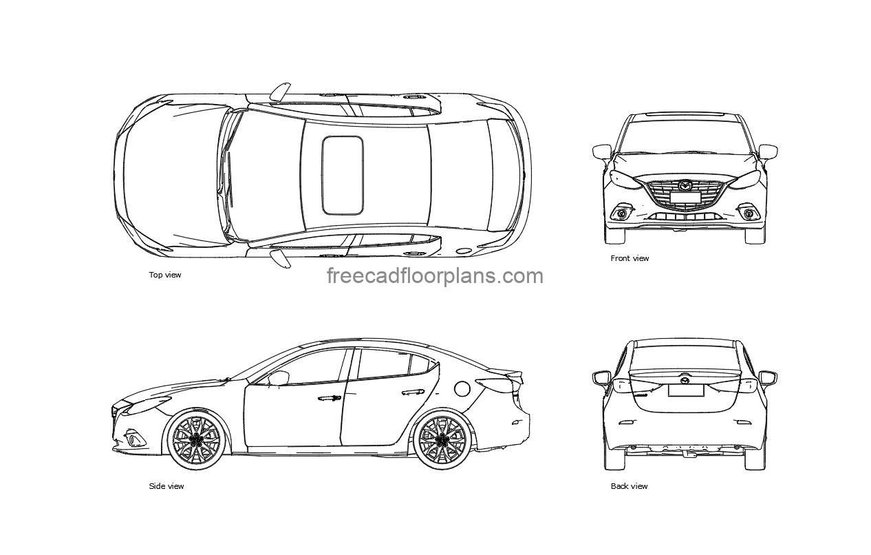 autocad drawing of a mazda 3, 2d views plan and elevation, dwg file free for download