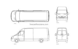 autocad drawing of a mercedes sprinter van, plan and elevation 2d views, dwg file free for download