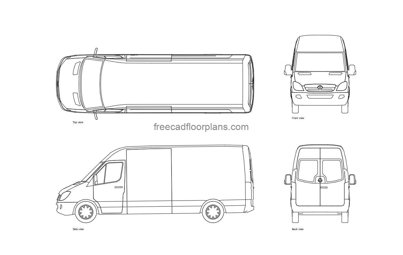 autocad drawing of a mercedes sprinter van, plan and elevation 2d views, dwg file free for download