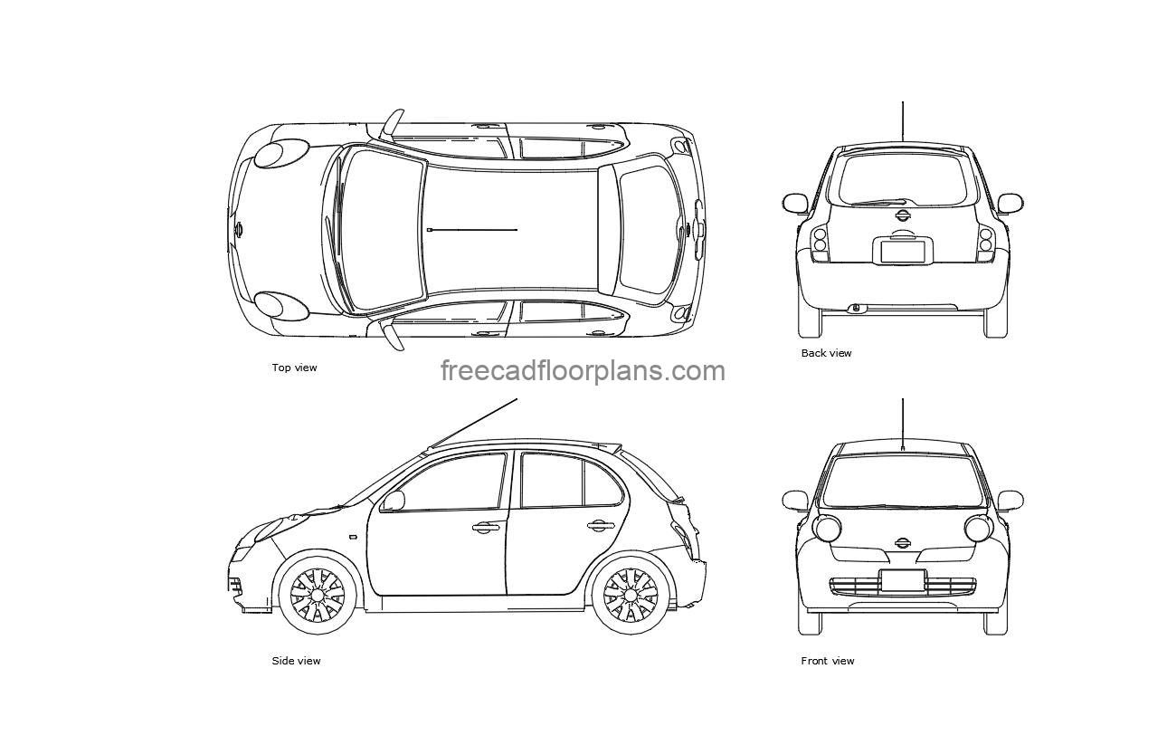 nissan march autocad drawing, plan and elevation 2d views, dwg file free for download