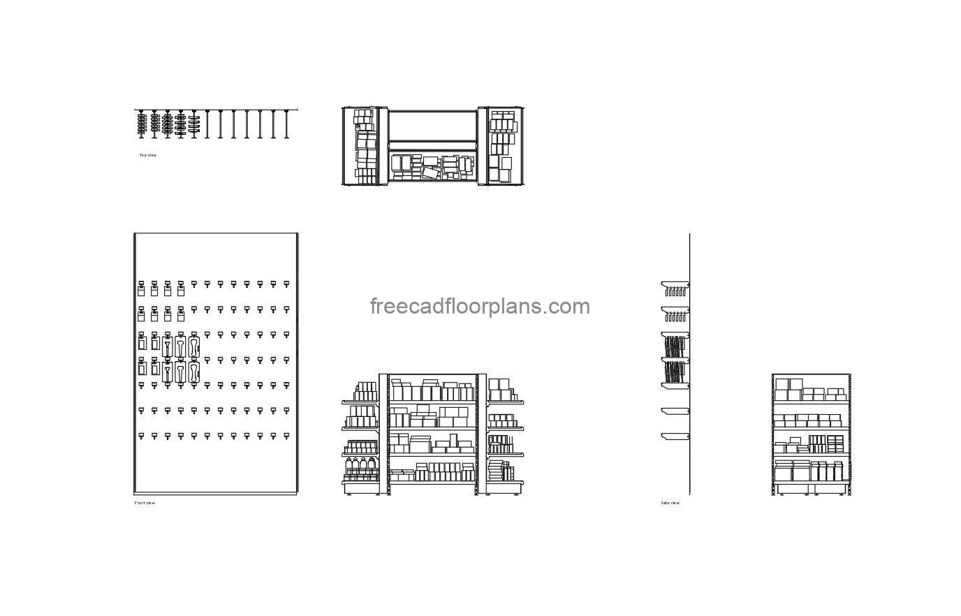 pharmacy shelving autocad drawing, plan and elevation 2d views, dwg file free for download