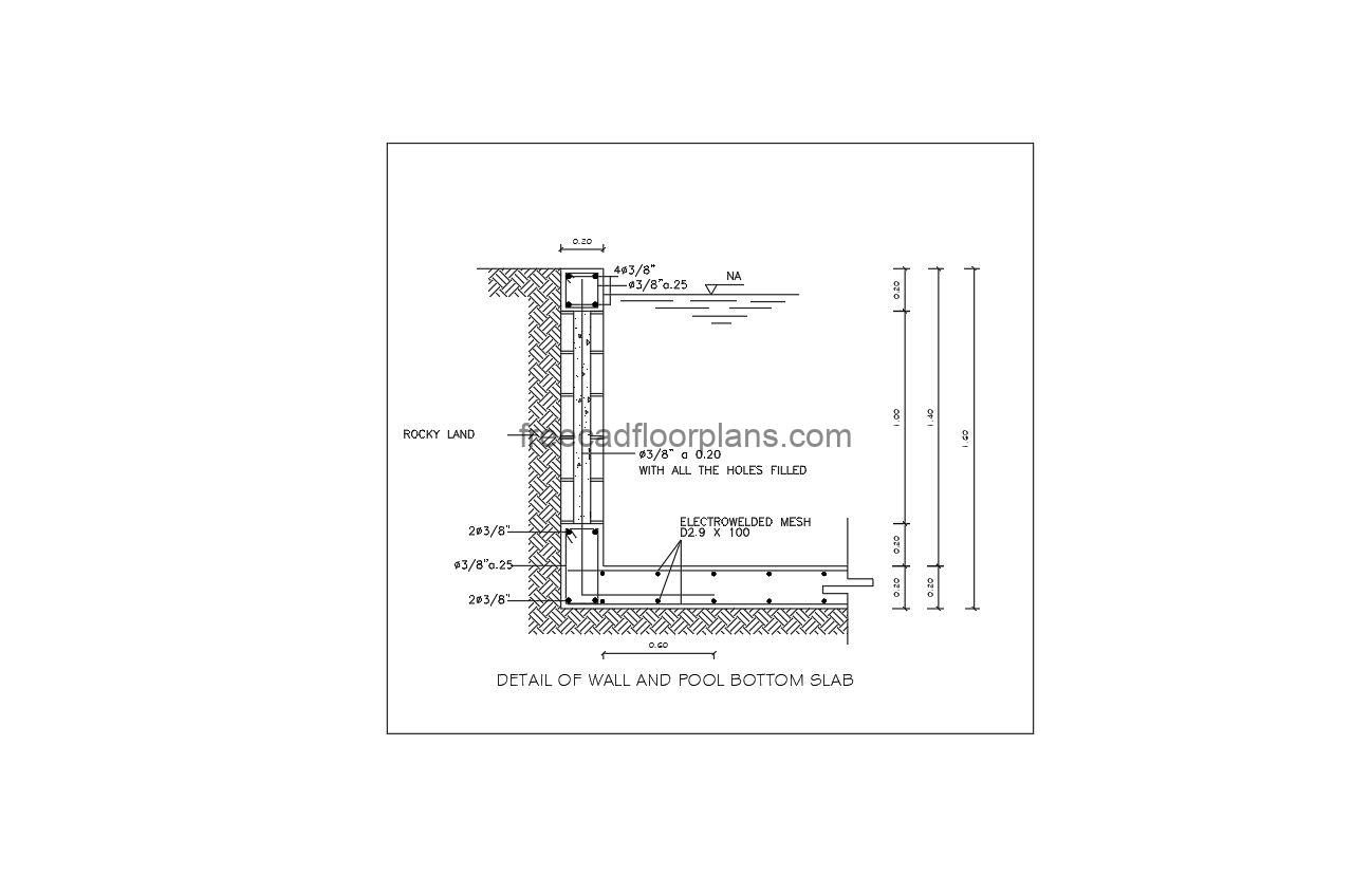 pool slab foundation detail autocad drawing, 2d view, dwg file free for download