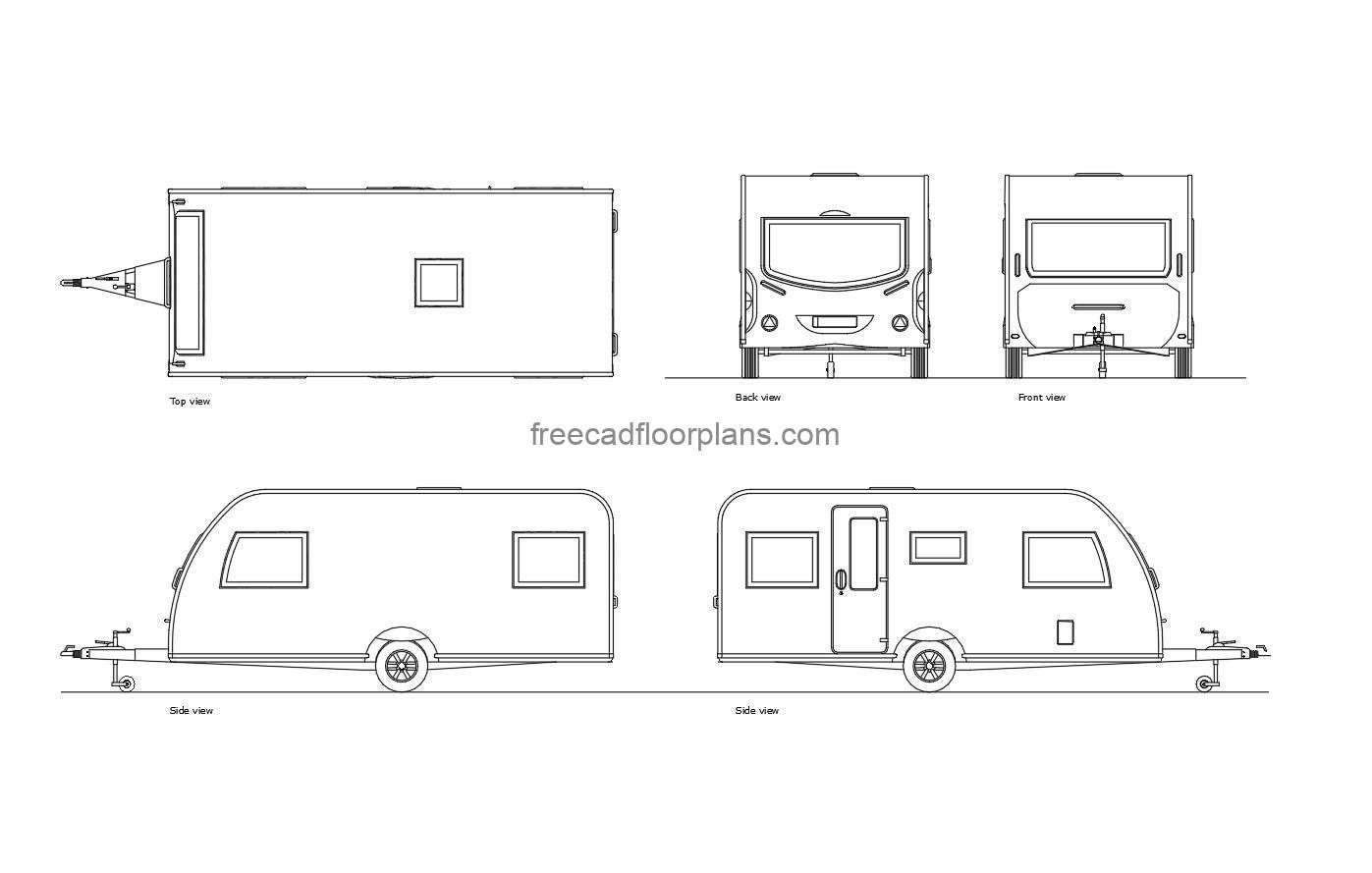 autocad drawing of a standar caravan, plan and elevation 2d views, dwg file free for download