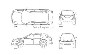 autocad drawing of a subaru outback SUV, plan and elevation 2d views, dwg file free for download