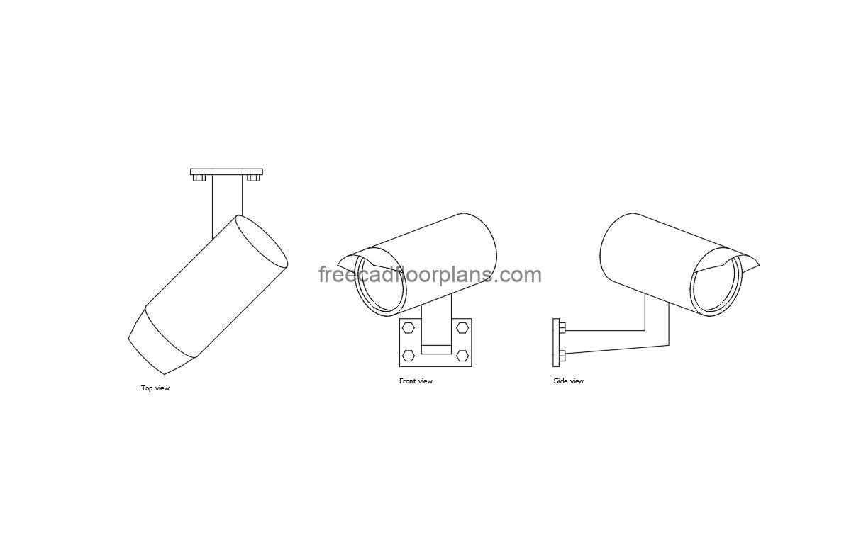 autocad drawing of a surveillance camera, plan and elevation 2d views, dwg file free for download