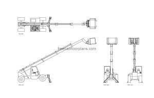 autocad drawing of a telescopic forklift, 2d plan and elevation views, dwg file free for download