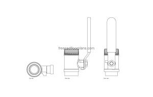 autocad drawing of a three-quarter inch ball valve, plan and elevation 2d views, dwg file free for download