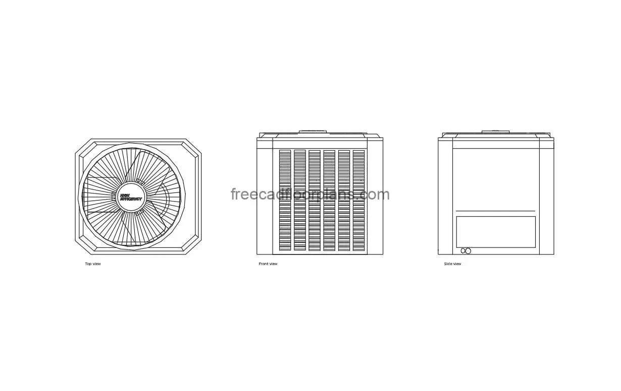 autocad drawing of a trane air conditioner, plan and elevation 2d views, dwg file free for download