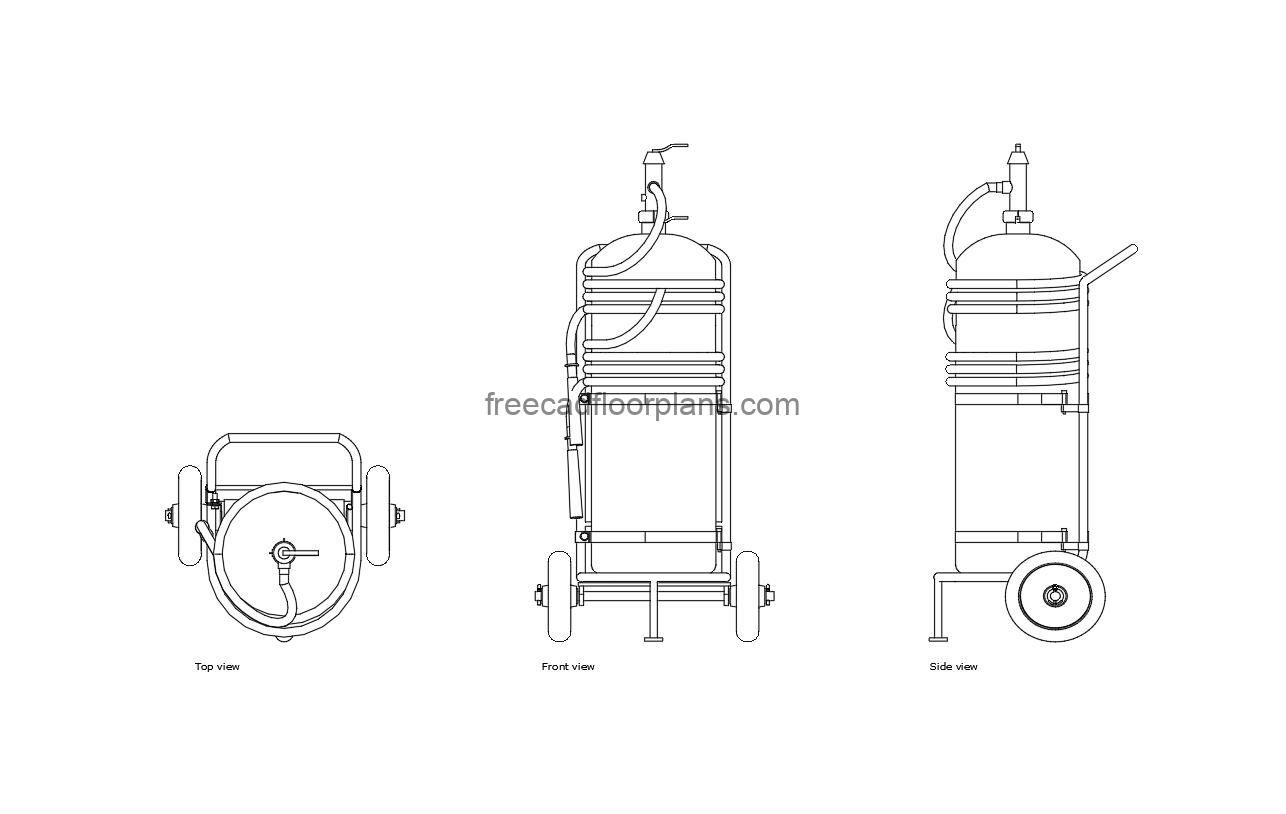 trolley foam fire extinguisher autocad drawing, plan and elevation 2d views, dwg file free for download