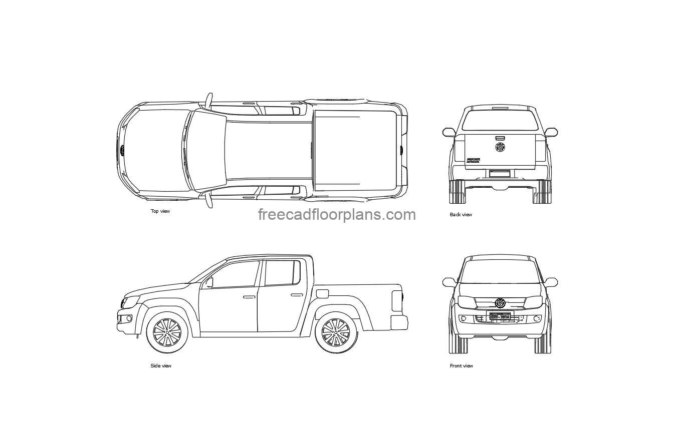 autocad drawing of a wolkswagen amarok, plan and elevation 2d views, dwg file free for download