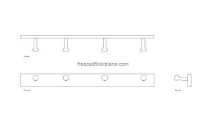 wall coat rack autocad drawing, plan and elevation 2d views, dwg file free for download