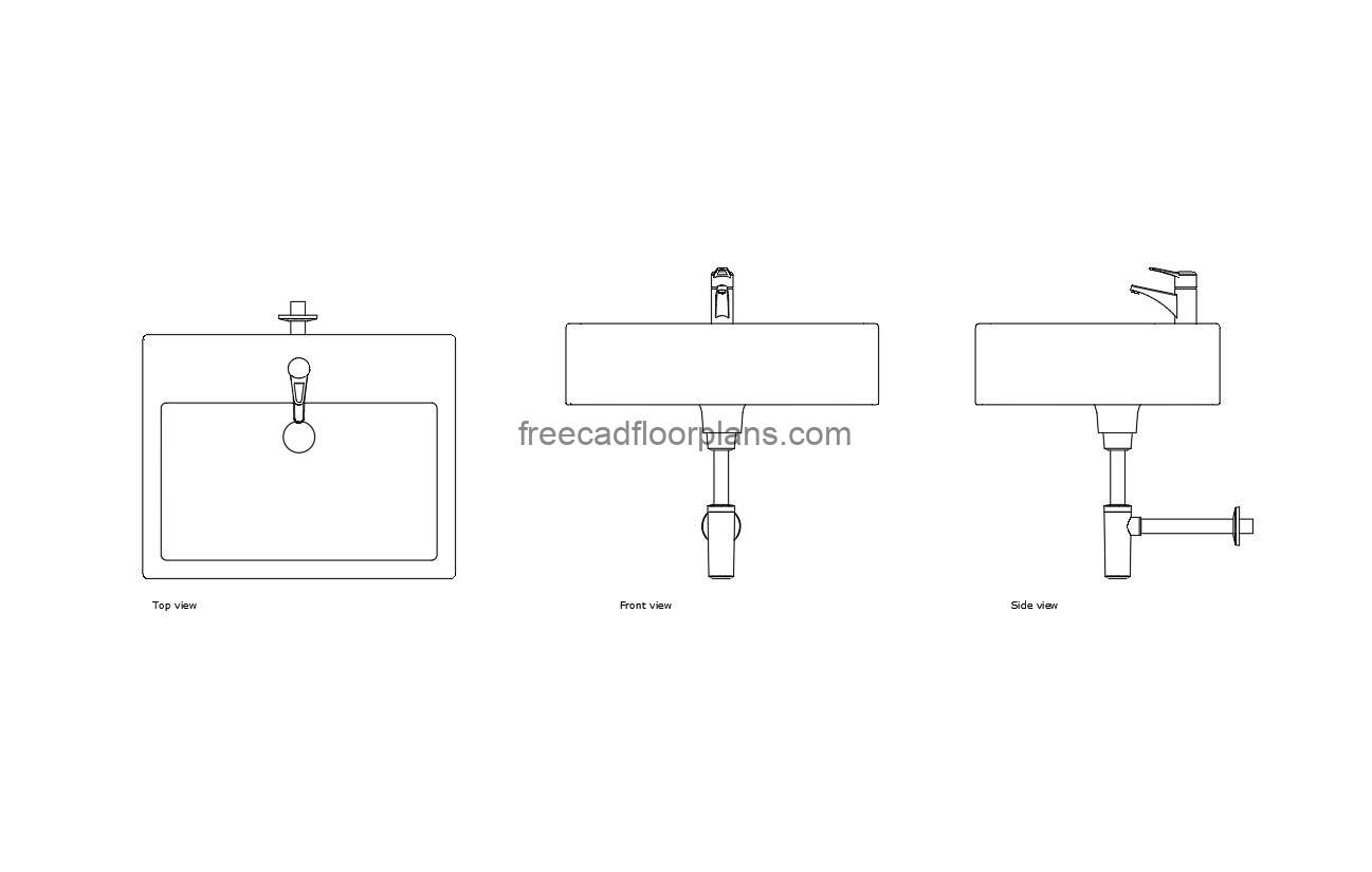 autocad drawing of a wall hung basin, plan and elevation 2d views, dwg file free for download