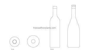 wine bottles autocad drawing, plan and elevation 2d views, dwg file free for download