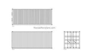 20 feet shipping container autocad drawing, plan and elevation 2d views, dwg file free for download
