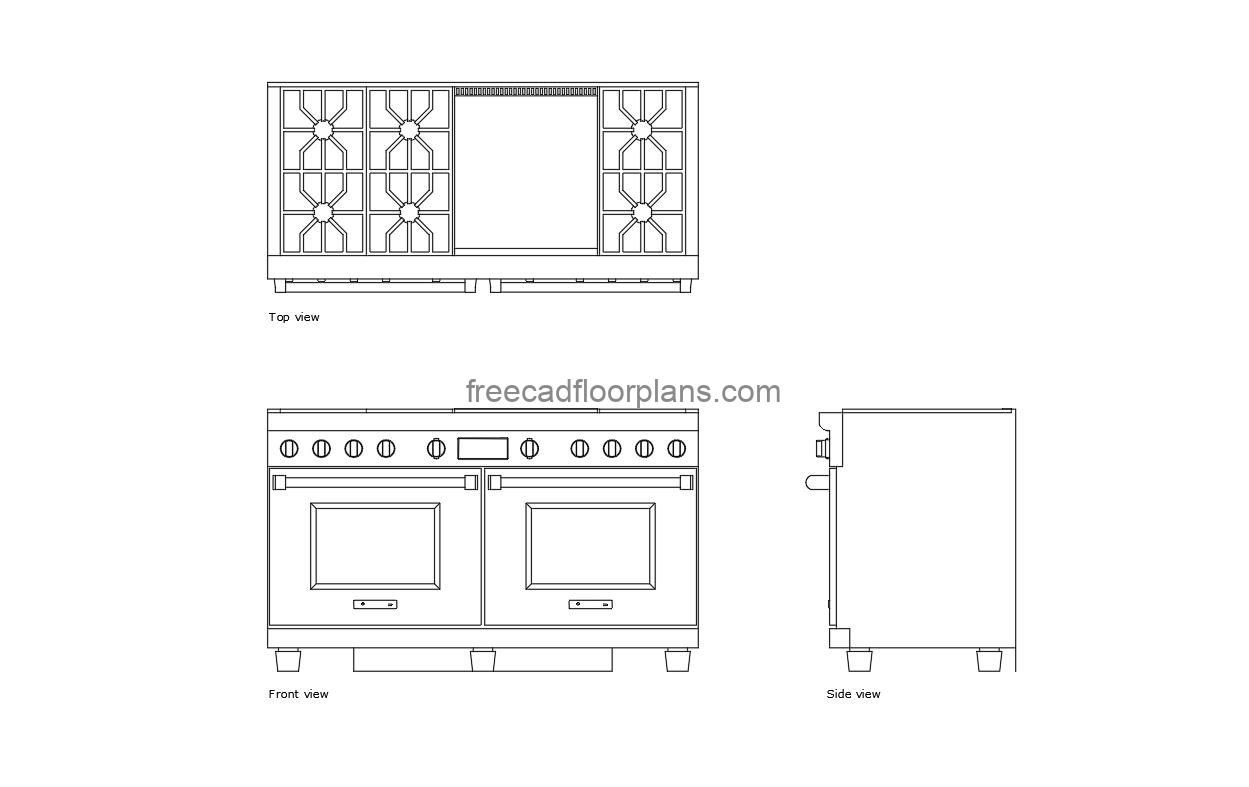 60 inch gas range autocad drawing plan and elevation 2d views, dwg file free for download