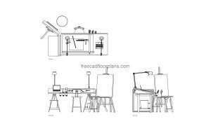 autocad drawing of an artist workstation, plan and elevation 2d views, dwg file free for download